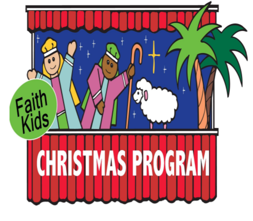 A cartton depiction of a puppet show starring two shepherds, and a sheep. Wording says "Faith Kids Christmas Program.