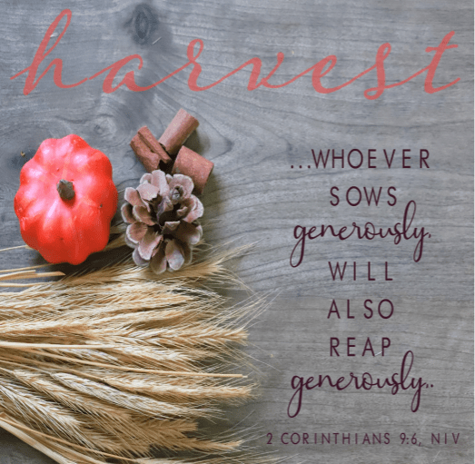 A pine cone, a sheaf of wheat, and a small pumpkin on a gray board. Text is the words of 2 Corinthians 9:6: "Whoever sows generously will also reap generously.