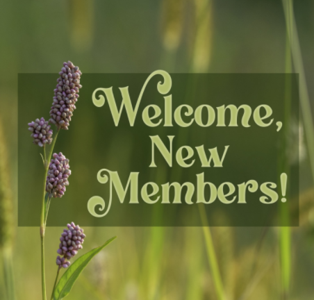 Beautiful purple flowers in a field of grass. Text reads "Welcome New Members!"