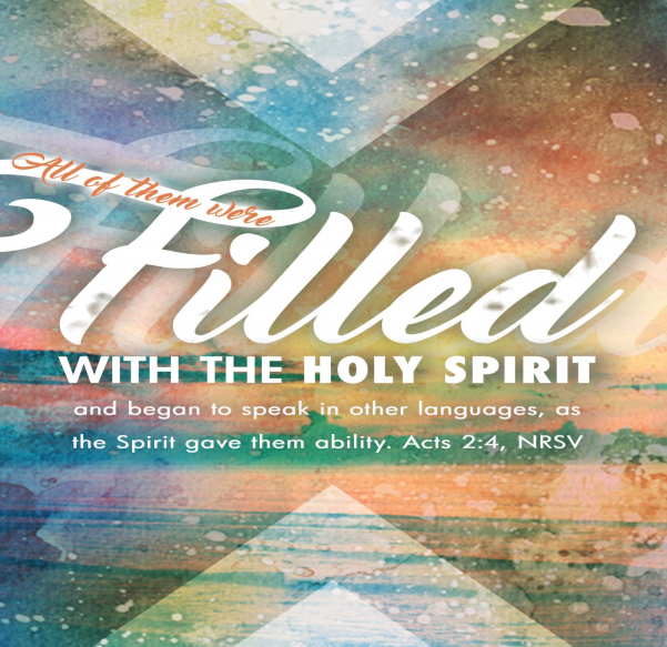A multicolored background, with the words of Acts 2, verse 4—""And they were all filled with the Holy Spirit and began to speak with different tongues, as the Spirit was giving them the ability to speak out."