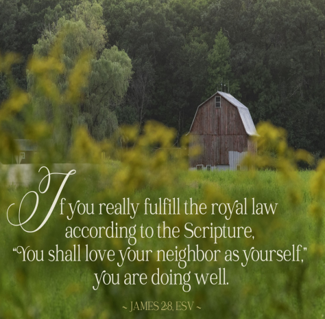 A green field and, in the distance, a weathered gray barn. Text is the words of James 2:8—"If you really fulfill the royal law according to the Scripture, “You shall love your neighbor as yourself,” you are doing well."