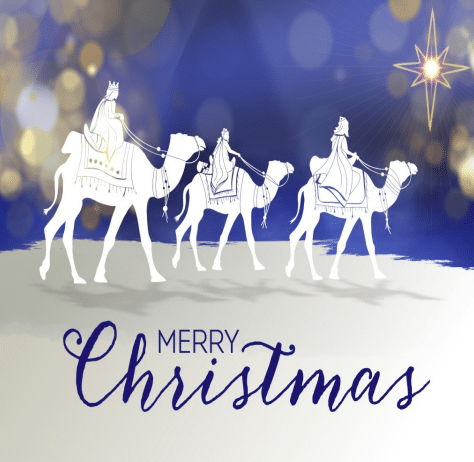 The Three Wise Men on camels, journeying to see the Christ child. The Christmas star is in the sky, and script text reads "Merry Christmas."