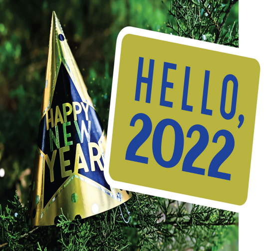 A gold party hat rests in the branches of a Christmas tree. In a blue star on the hat, we see the words "Happy New Year" in gold. To the right, a gold square has the words "Hello 2022" in blue block letters.
