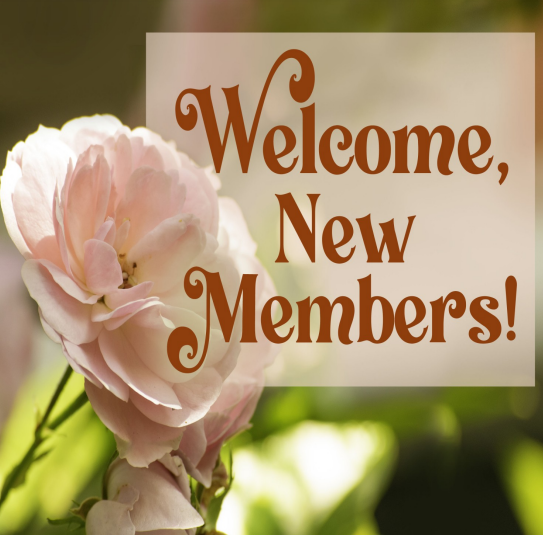 A pink flower is to the left, and to the right is a white square panel with "Welcome New Members" on it in ornate maroon lettering.