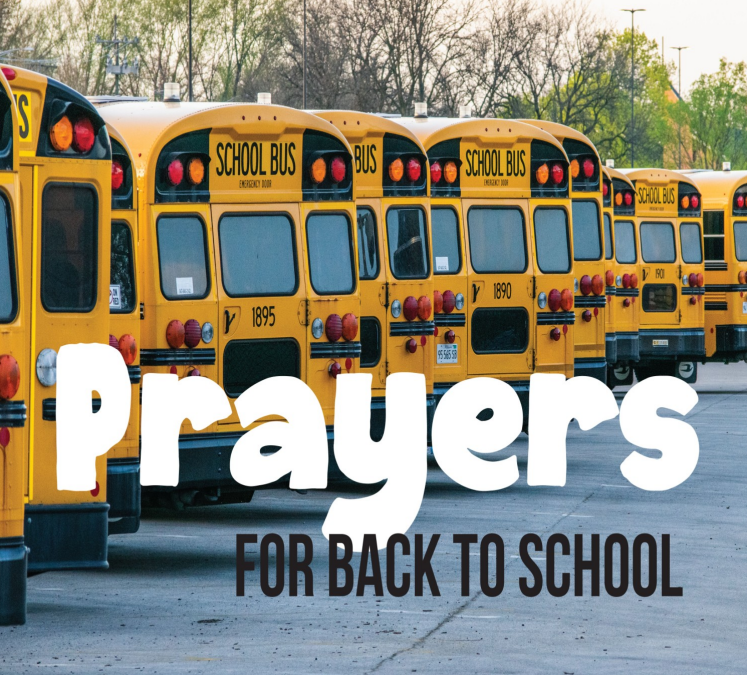 A row of school buses. We see the words "Prayers for back to school" are imposed over them in large black and white letters