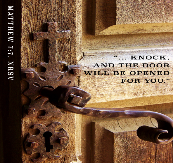 A wooden door with a simple decorative wooden cross on it, and an antique latch. In black text wee see the words of Matthew 7:7 — Ask and it will be given to you; seek and you will find; knock and the door will be opened to you.