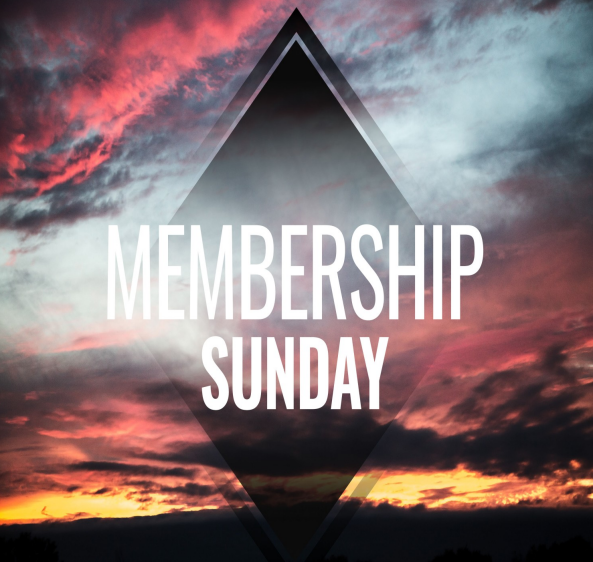 A sky colored by a sunrise. In the foreground is a black diamond shape with the words "Membership Sunday" superimposed on it in white.